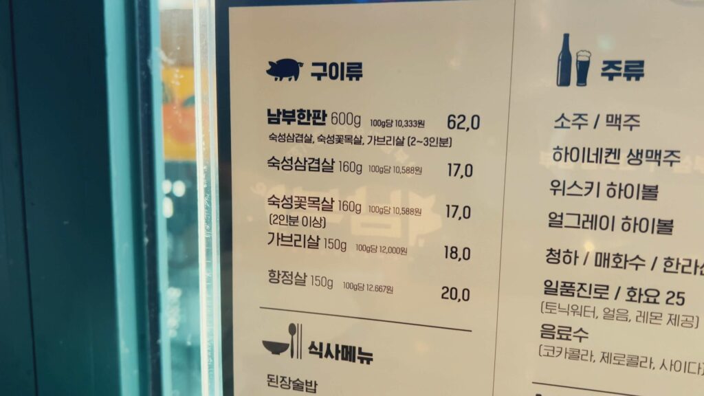 Nambu (Korean BBQ restautant) menu
