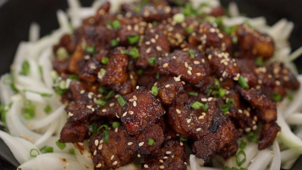Dwaeji Galbi (Korean BBQ pork) in a pan