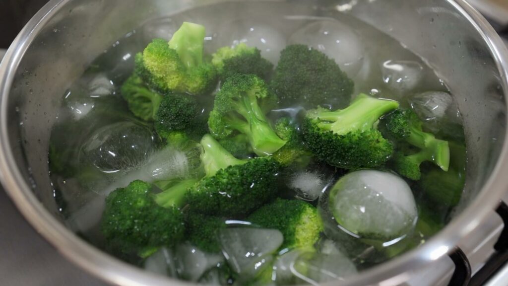 Blanched broccoli in cold water 