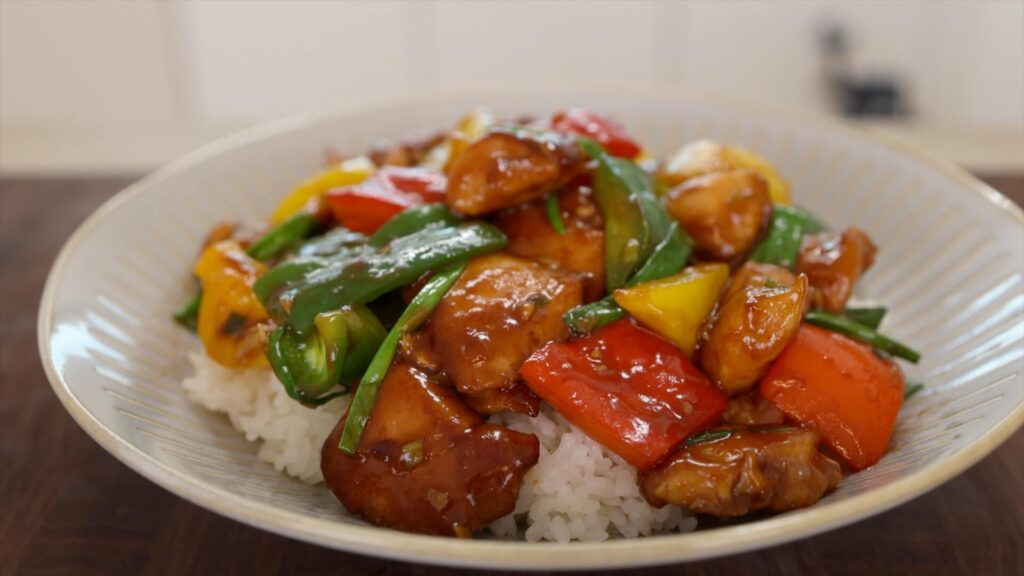 Chicken and Bell Pepper Stir Fry over Rice