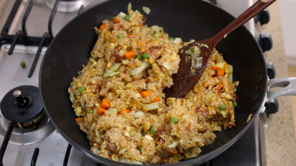 Bacon and Cabbage Fried Rice in a Wok